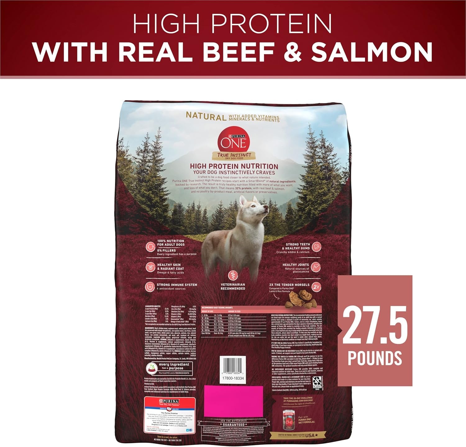 Natural High Protein Dry Dog Food Dry True Instinct with Real Beef and Salmon with Bone Broth and Added Vitamins, Minerals and Nutrients - 27.5 Lb. Bag