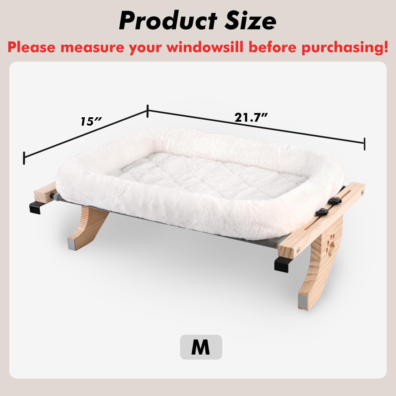Cat Sill Window Perch Sturdy Hammock Window Seat with Cushion Bed Cover, Wood & Metal Frame for Large Cats, Easy to Adjust Cat Bed for Windowsill, Bedside, Drawer and Cabinet (M)