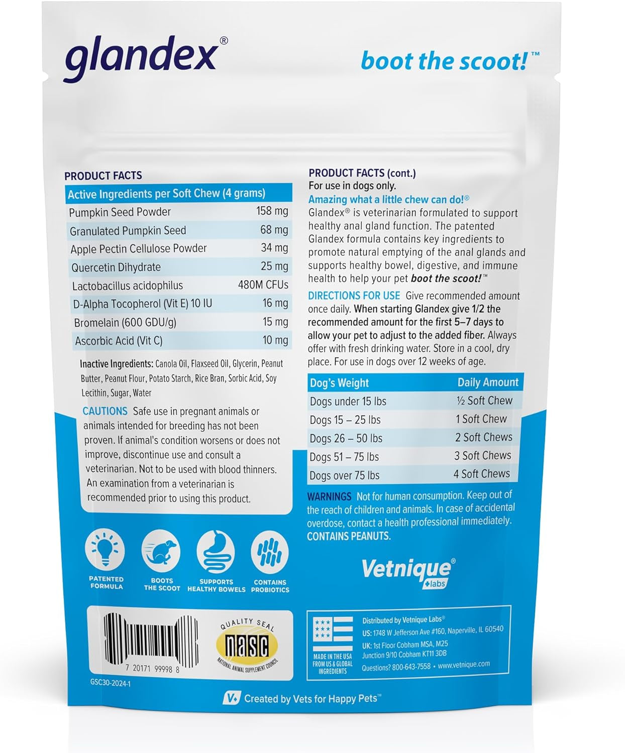 Labs Glandex Anal Gland Soft Chew Treats with Pumpkin for Dogs Digestive Enzymes, Probiotics Fiber Supplement for Dogs Boot the Scoot (Peanut Butter Chews, 30 Count)