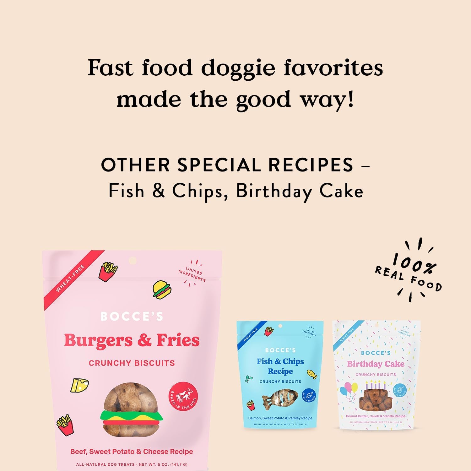 - Limited Edition Wheat-Free Dog Treats, Burgers & Fries Biscuits, 5 Oz