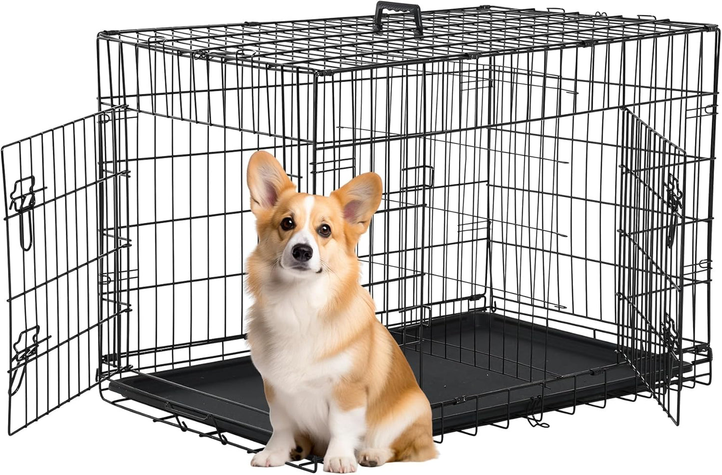 30 Inch Dog Crate Dog Kennel Cage with Double Door Folding Metal Wire Dog Cage with Removable Tray&Divider Panel,Pet Crate for Medium Dogs,Black
