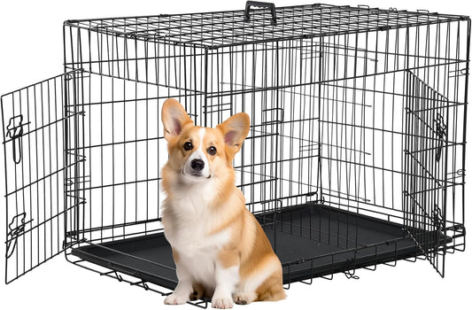 30 Inch Dog Crate Dog Kennel Cage with Double Door Folding Metal Wire Dog Cage with Removable Tray&Divider Panel,Pet Crate for Medium Dogs,Black