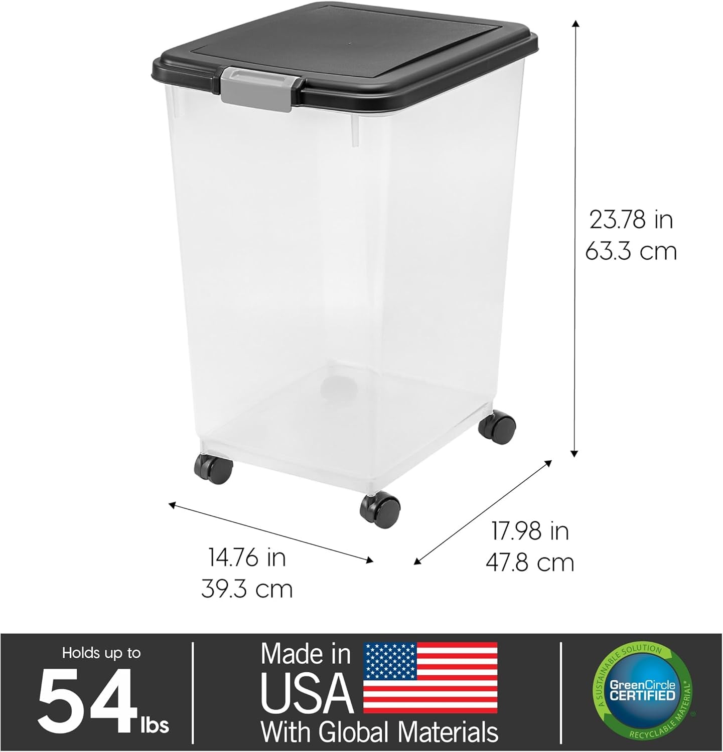 Airtight Dog Food Storage Container, up to 54 Lbs, Attachable Wheels, for Dog Cat Bird and Other Pet Food Storage Bin, Keep Fresh, Translucent Body, Easy Mobility, Black