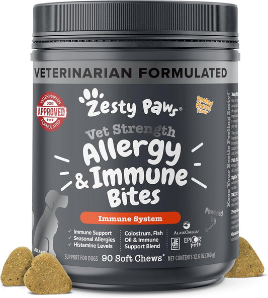 Vet Strength Dog Allergy Relief Chews, Dog Probiotics for Itchy Skin and Ears, Smoked Cheese, 90Ct