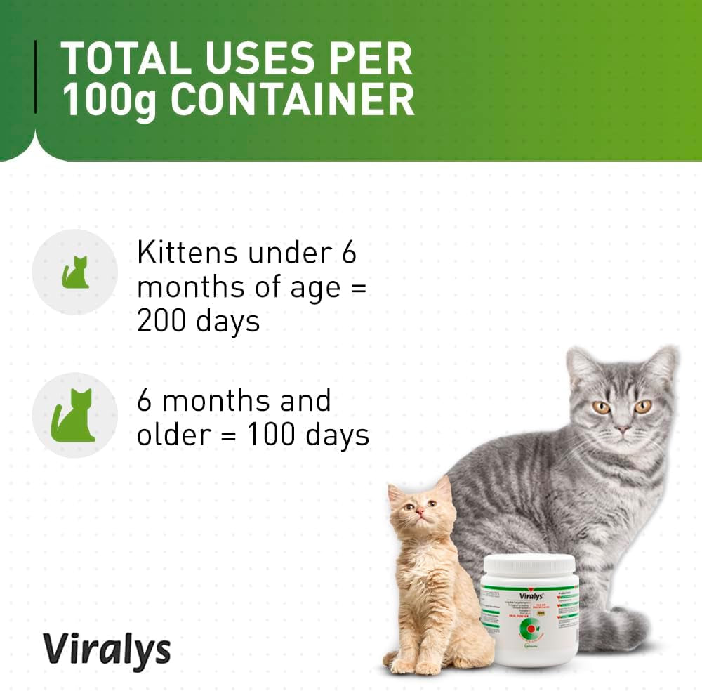 Viralys Daily L-Lysine Powder for Cats and Kittens, Fish Flavored Lysine Supplement for Cats and Kittens to Support Immune Health, Normal Eye Function and Respiratory Health, 100Gm