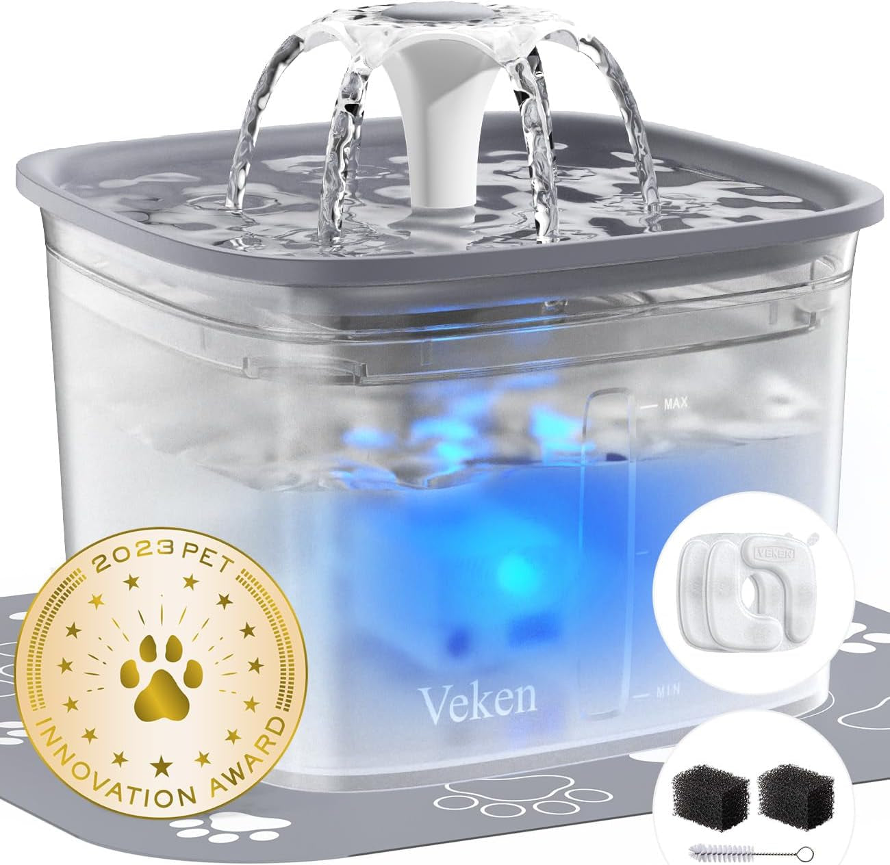 Innovation Award Winner 95Oz/2.8L Pet Fountain, Automatic Cat Water Fountain Dog Water Dispenser with Replacement Filters for Cats, Dogs, Multiple Pets (Transparent Grey, Plastic)