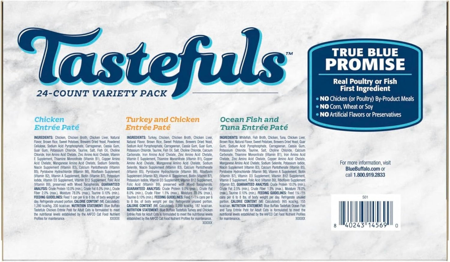 Tastefuls Wet Cat Food Paté Variety Pack, Made with Natural Ingredients, Chicken, Turkey & Chicken, Ocean Fish & Tuna Entrées, 5.5-Oz Cans (24 Count, 8 of Each)