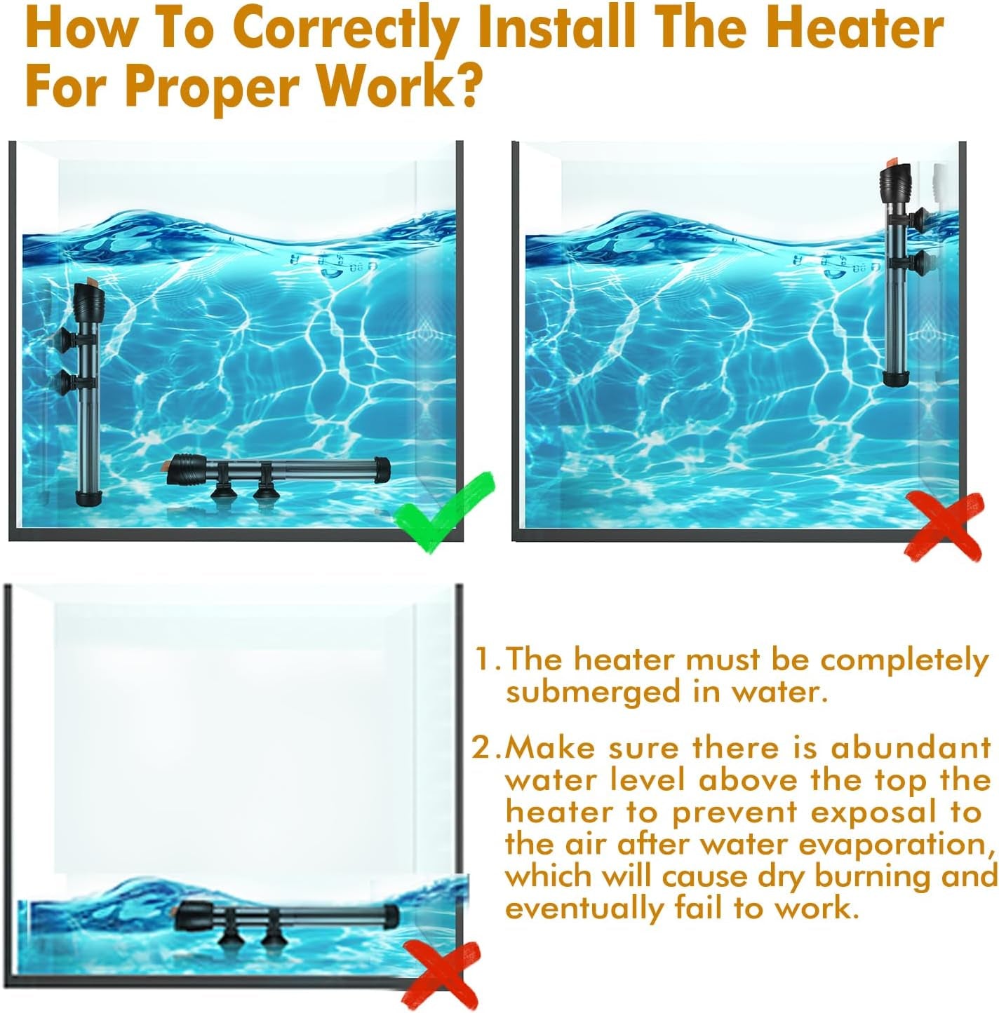 Submersible Aquarium Heater,500W Fish Tahk Heater with Adjust Knob Thermostat 2 Suction Cups and Free Thermometer Suitable for Marine Saltwater and Freshwater (500W)