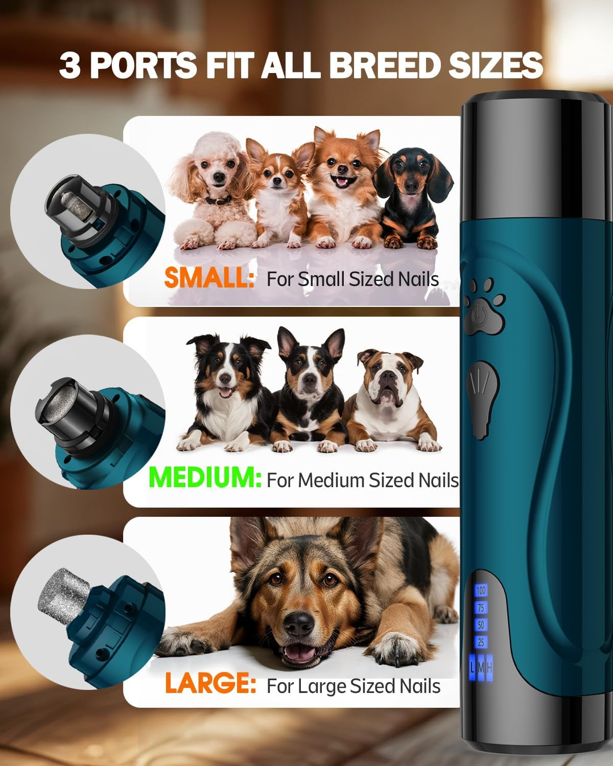 Dog Nail Trimmers and Dog Nail Clippers Kit, Whisper Quiet Electric Grinder with Light, Rechargeable, for Small, Medium, Large Dogs, Cats Toenail & Claw Grooming, 3 Speeds