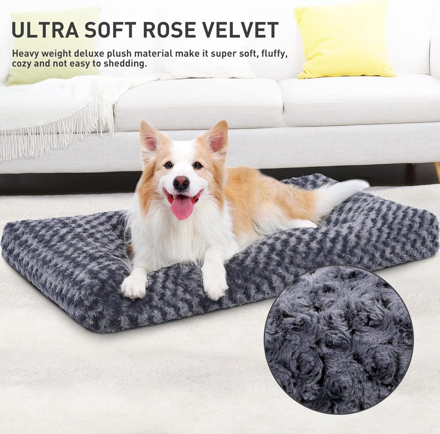 Washable Dog Bed Deluxe Plush Dog Crate Beds Comfy Kennel Pad Anti-Slip Pet Sleeping Mat for Large, Jumbo, Medium, Small Dogs Breeds, 35" X 23", Dark Grey