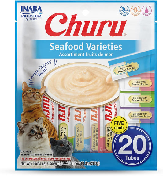 Churu Cat Treats, Lickable, Squeezable Creamy Purée Cat Treat with Green Tea Extract & Taurine, 0.5 Ounces Each Tube, 20 Tubes, Seafood Variety