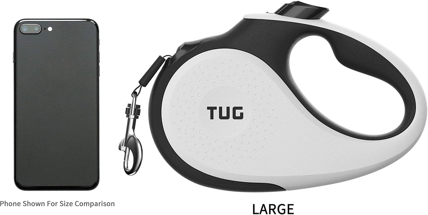 360° Tangle-Free Retractable Dog Leash | 16 Ft Strong Nylon Tape | One-Handed Brake, Pause, Lock (Large, White)