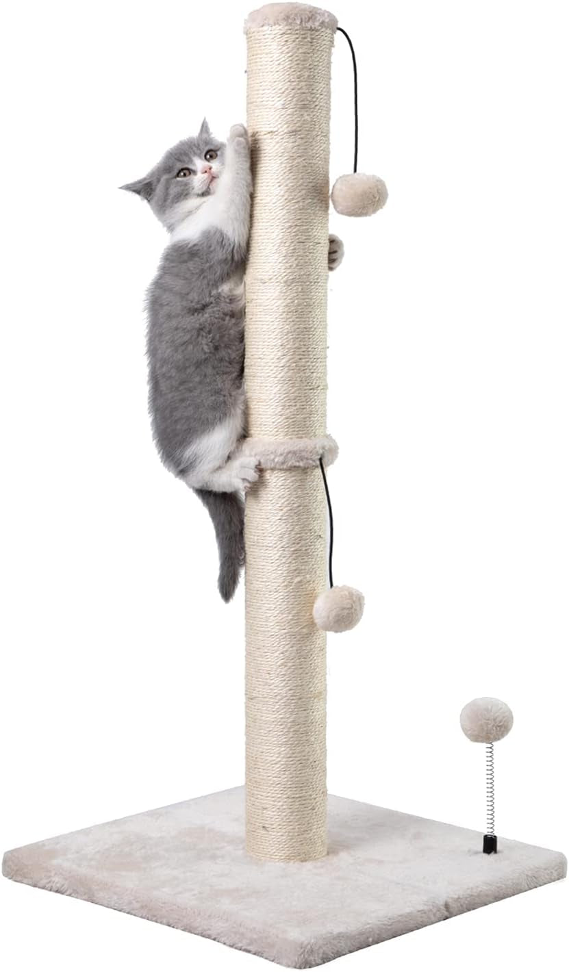 34” Tall Cat Scratching Post Premium Basics Kitten Scratcher Sisal Scratch Posts Trees with Hanging Ball for Indoor Cats, Beige