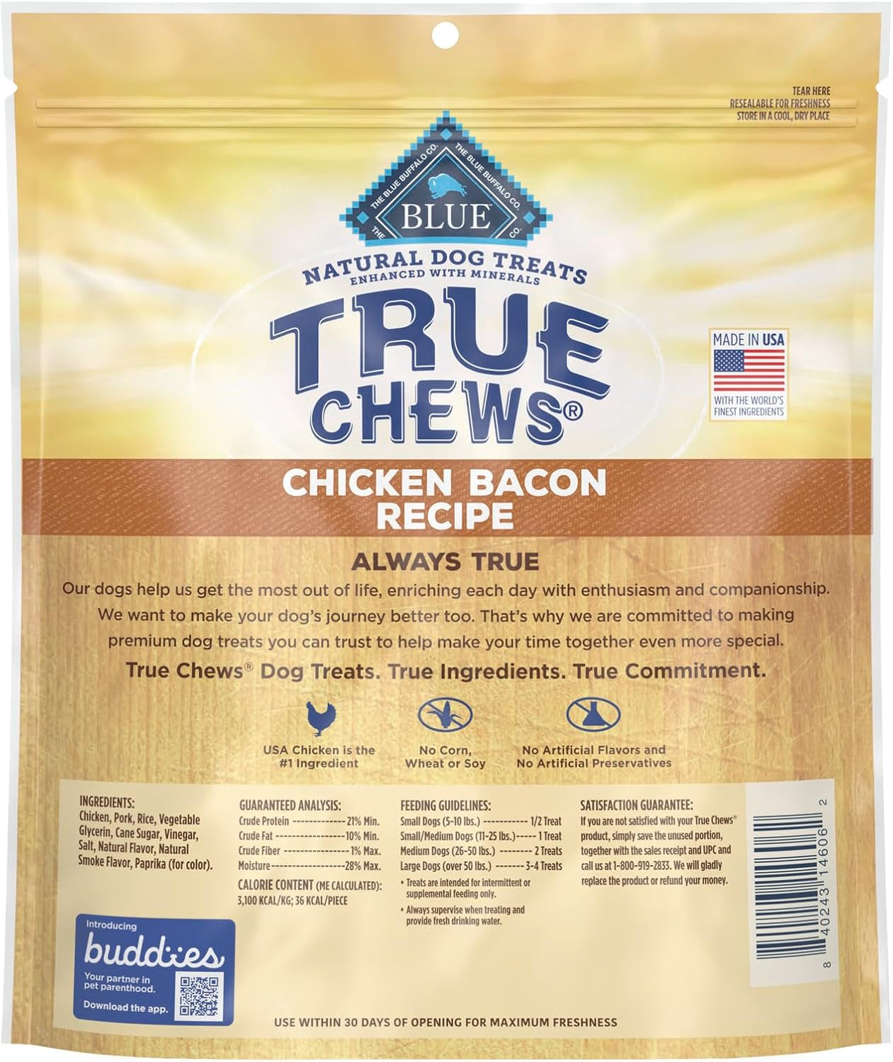 True Chews Dog Treats, Made in the USA with Natural Ingredients, Chicken Bacon Recipe, 22-Oz Bag