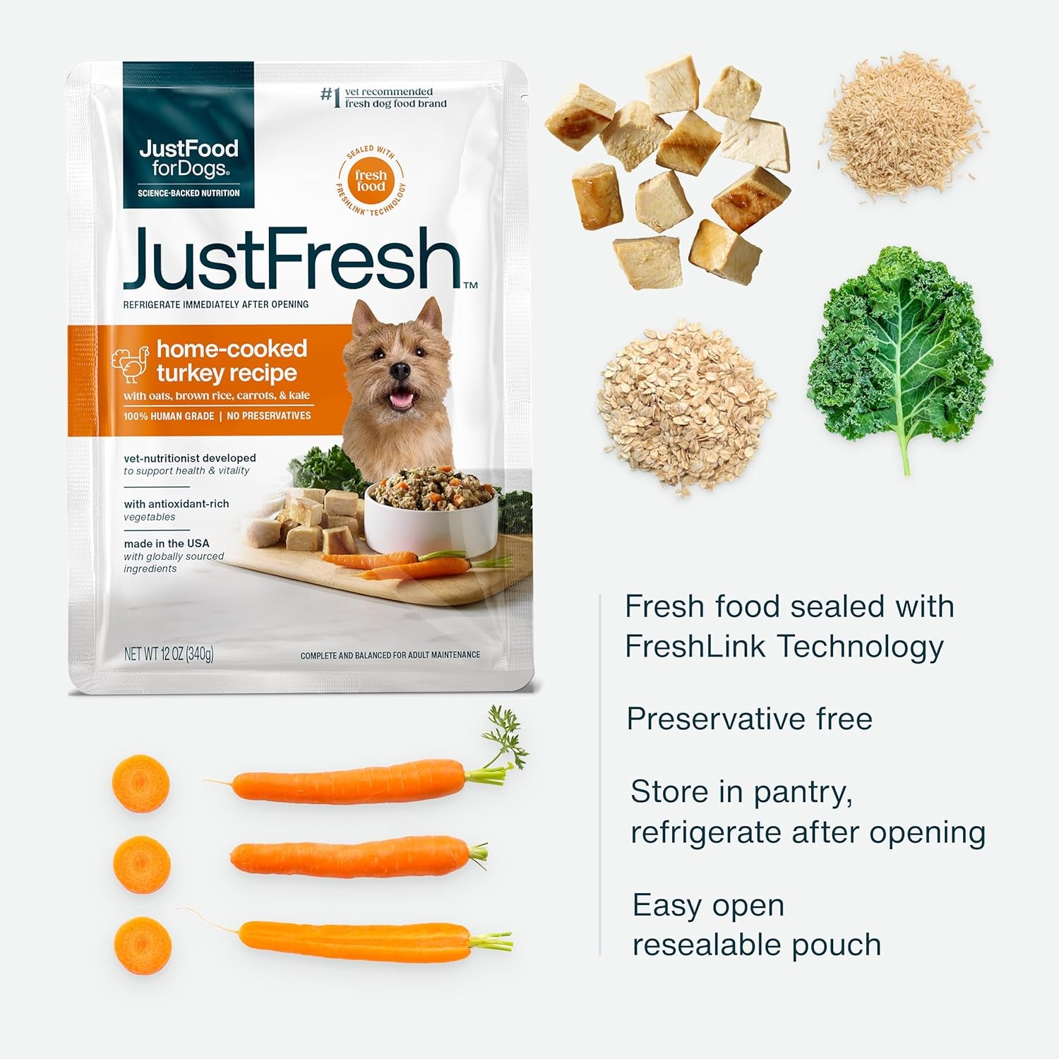 Justfresh Wet Dog Food, Fresh Pet Meals and Toppers with No Preservatives, Resealable Package, Human Grade, Home-Cooked Turkey, 12 Oz - 7 Pack