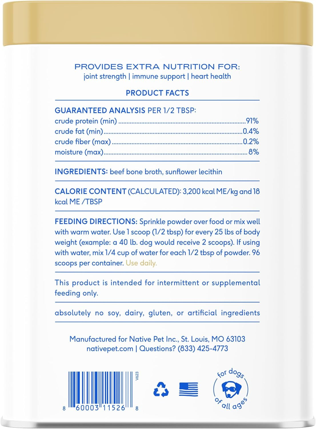 Bone Broth for Dogs and Cats - Made with Real Beef Bone Broth, Dog Food Toppers for Picky Eaters - Provides Extra Hydration & Nutrition for Joint Strength, Immunity & Heart Health-96 Scoops