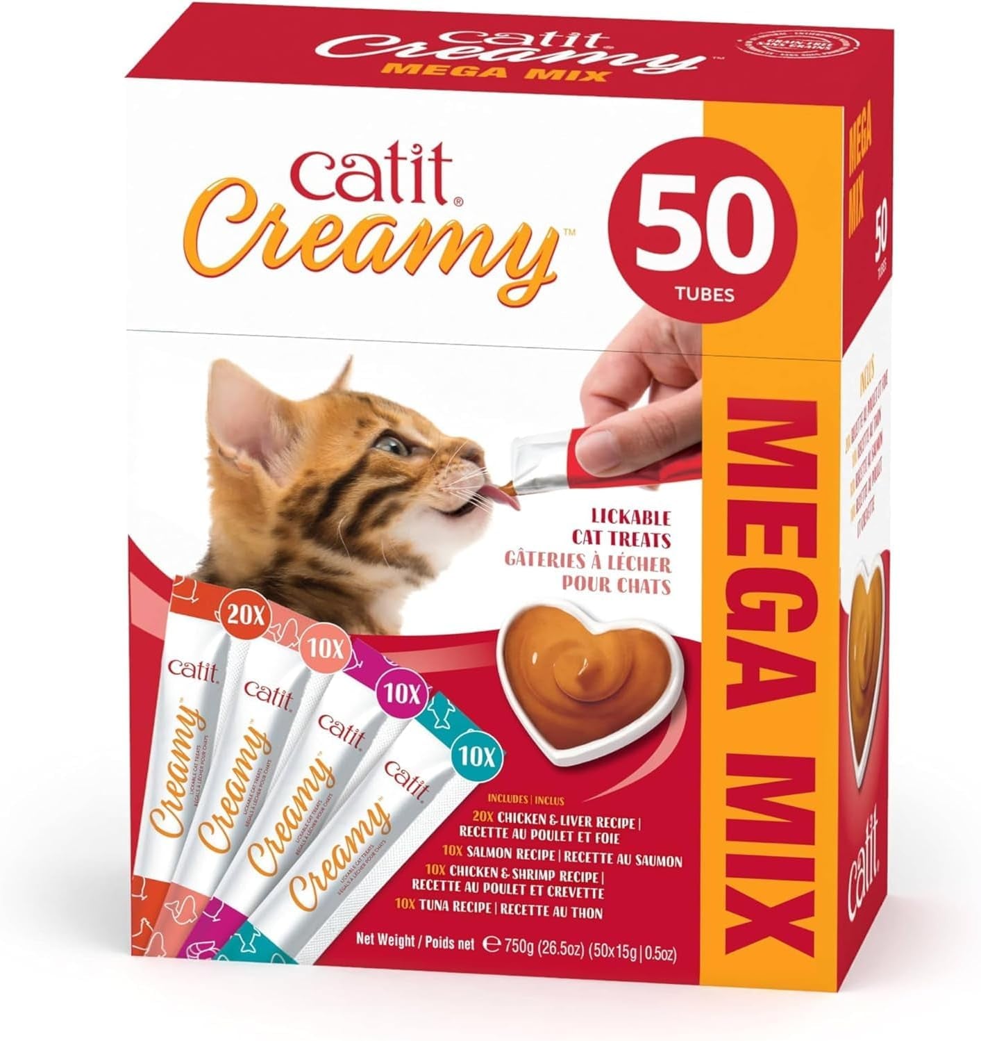 Creamy Lickable Cat Treat – Healthy Variety of Flavors, 50 Pack, Hand-Feed or Serve, Nutrient-Rich Squeeze Tube, 0.5 Oz Each