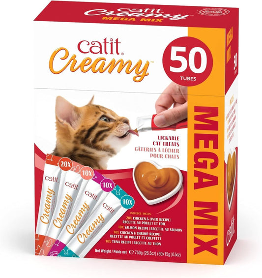 Creamy Lickable Cat Treat – Healthy Variety of Flavors, 50 Pack, Hand-Feed or Serve, Nutrient-Rich Squeeze Tube, 0.5 Oz Each