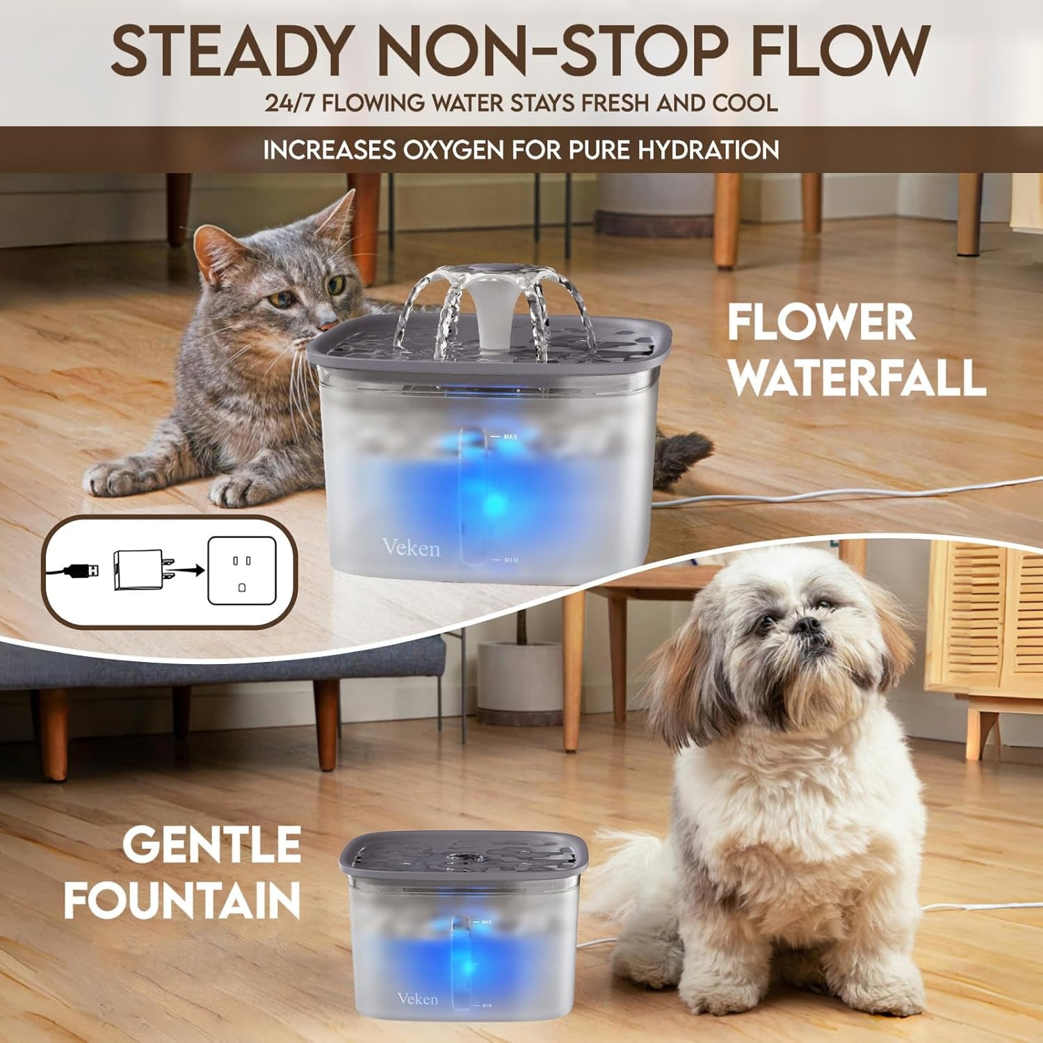 Innovation Award Winner 95Oz/2.8L Pet Fountain, Automatic Cat Water Fountain Dog Water Dispenser with Replacement Filters for Cats, Dogs, Multiple Pets (Transparent Grey, Plastic)