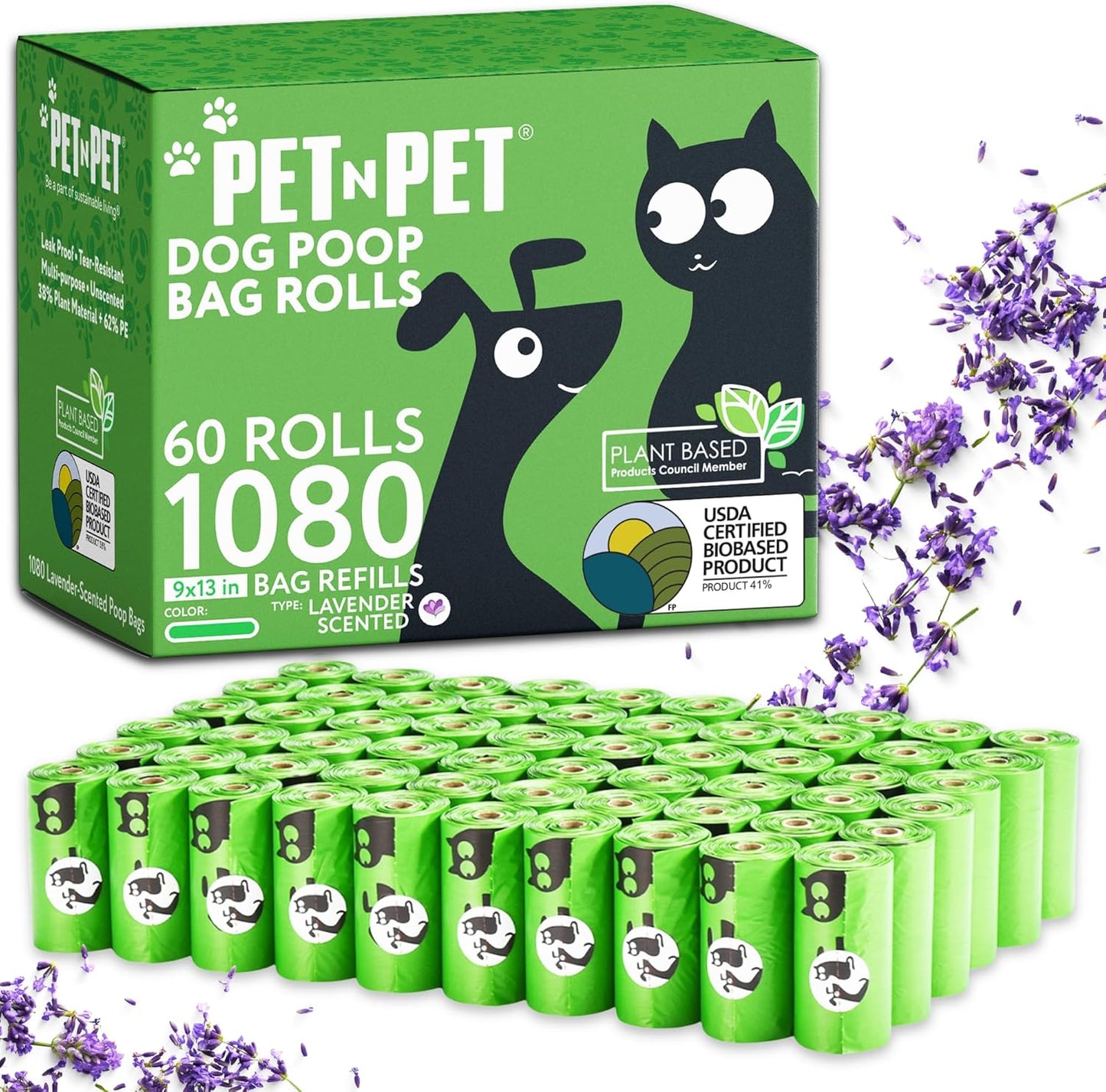 1080 Counts Green Poop Bags for Dogs, 41% Plant Based & 59% PE Extra Thick Dog Poop Bags Rolls, 9" X 13", Lavender Scented Pet Waste Bag