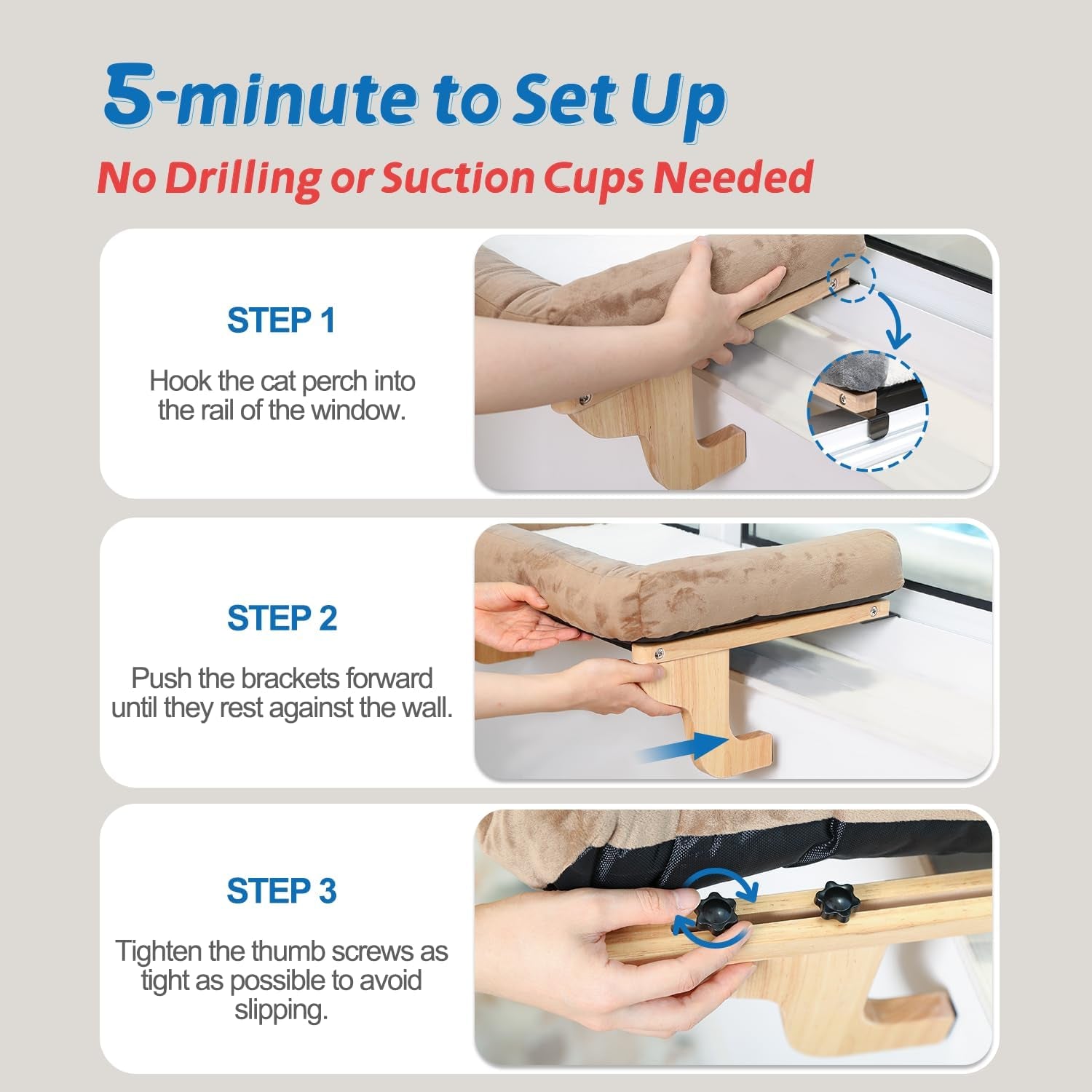 Cat Perch for Window Sill with Bolster - Orthopedic Hammock Design with Premium Hardwood & Robust Metal Frame - Cat Window Seat for Large Cats and Kittens - Dark Stained Wood Gray Bed, 24''W