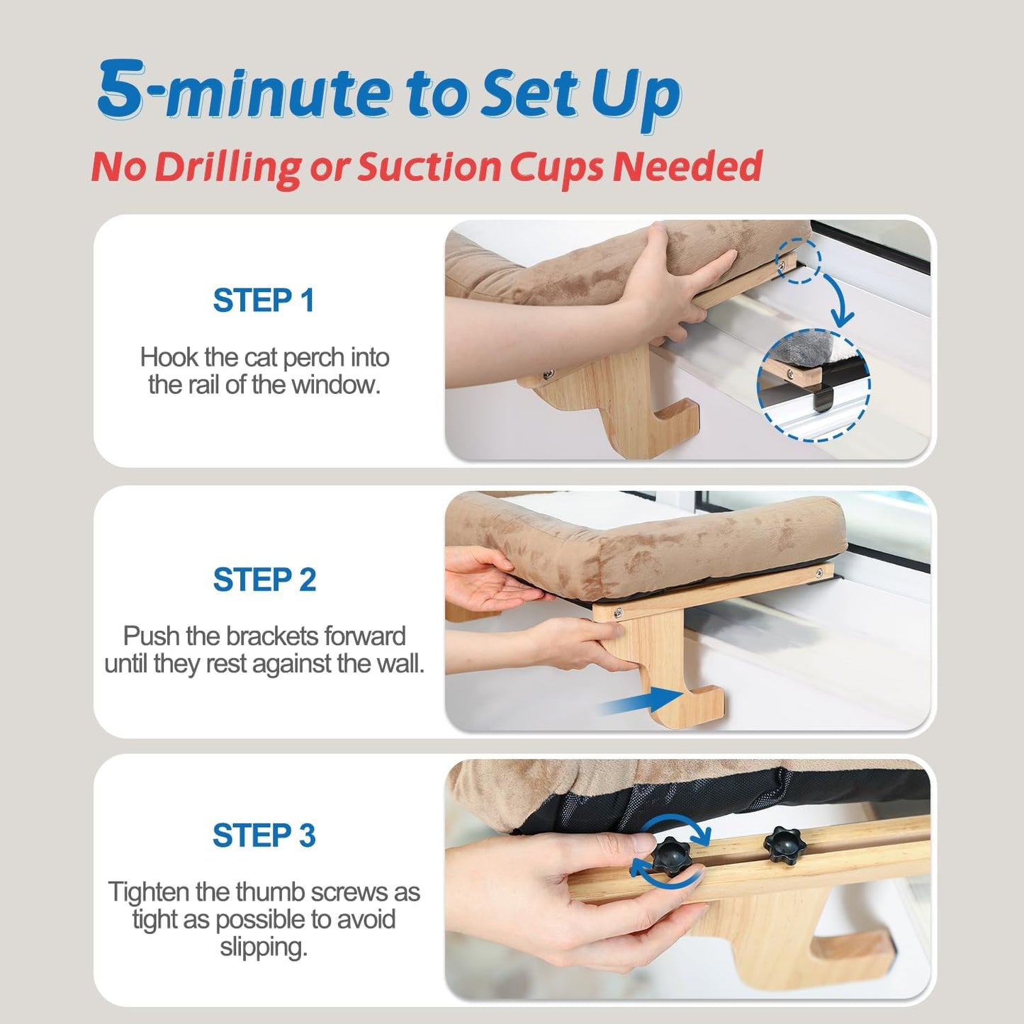 Cat Perch for Window Sill with Bolster - Orthopedic Hammock Design with Premium Hardwood & Robust Metal Frame - Cat Window Seat for Large Cats and Kittens - Natural Color Wood Gray Bed, 24''W