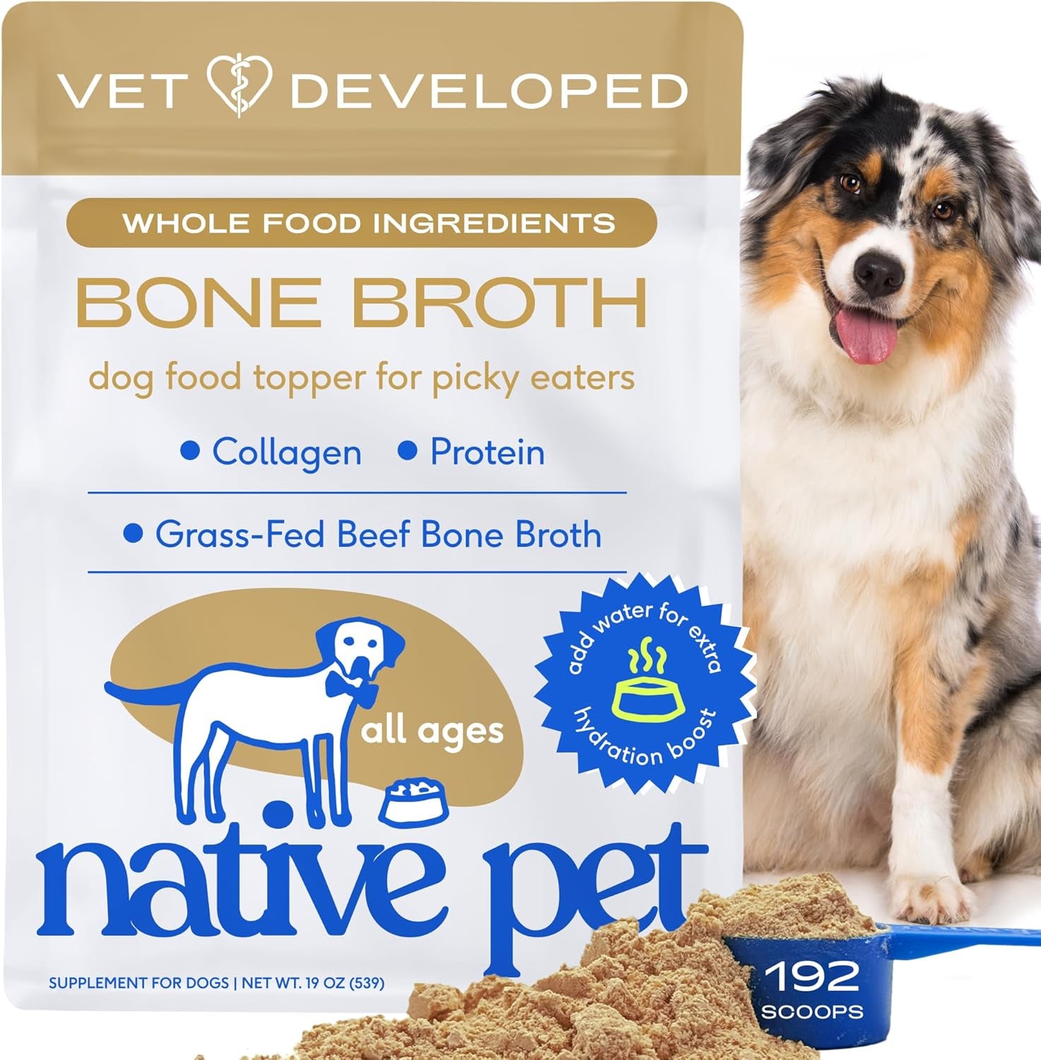 Bone Broth for Dogs and Cats - Made with Real Beef Bone Broth, Dog Food Toppers for Picky Eaters- Provides Extra Hydration & Nutrition for Joint Strength, Immunity & Heart Health-192 Scoops