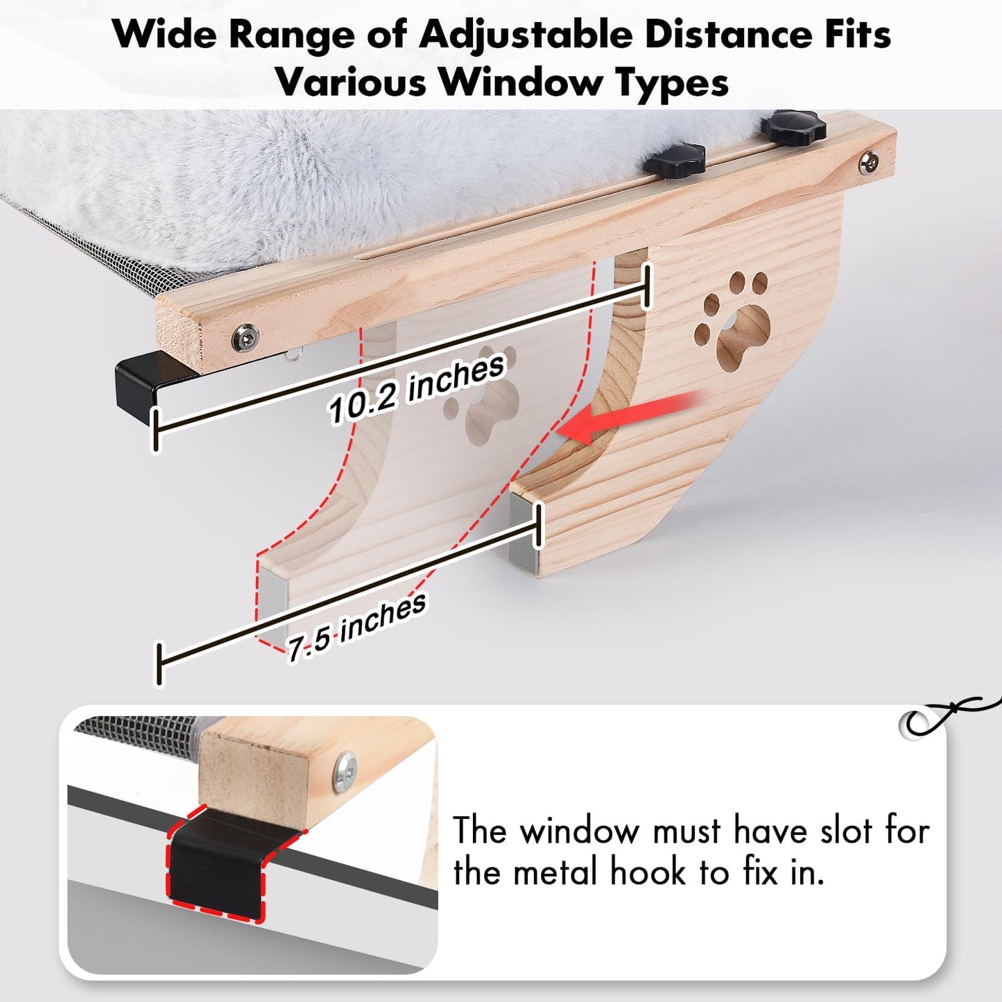 Cat Sill Window Perch Sturdy Hammock Window Seat with Cushion Cover, Wood & Metal Frame for Large Cats, Easy to Adjust Cat Bed for Windowsill, Bedside, Drawer and Cabinet (L)