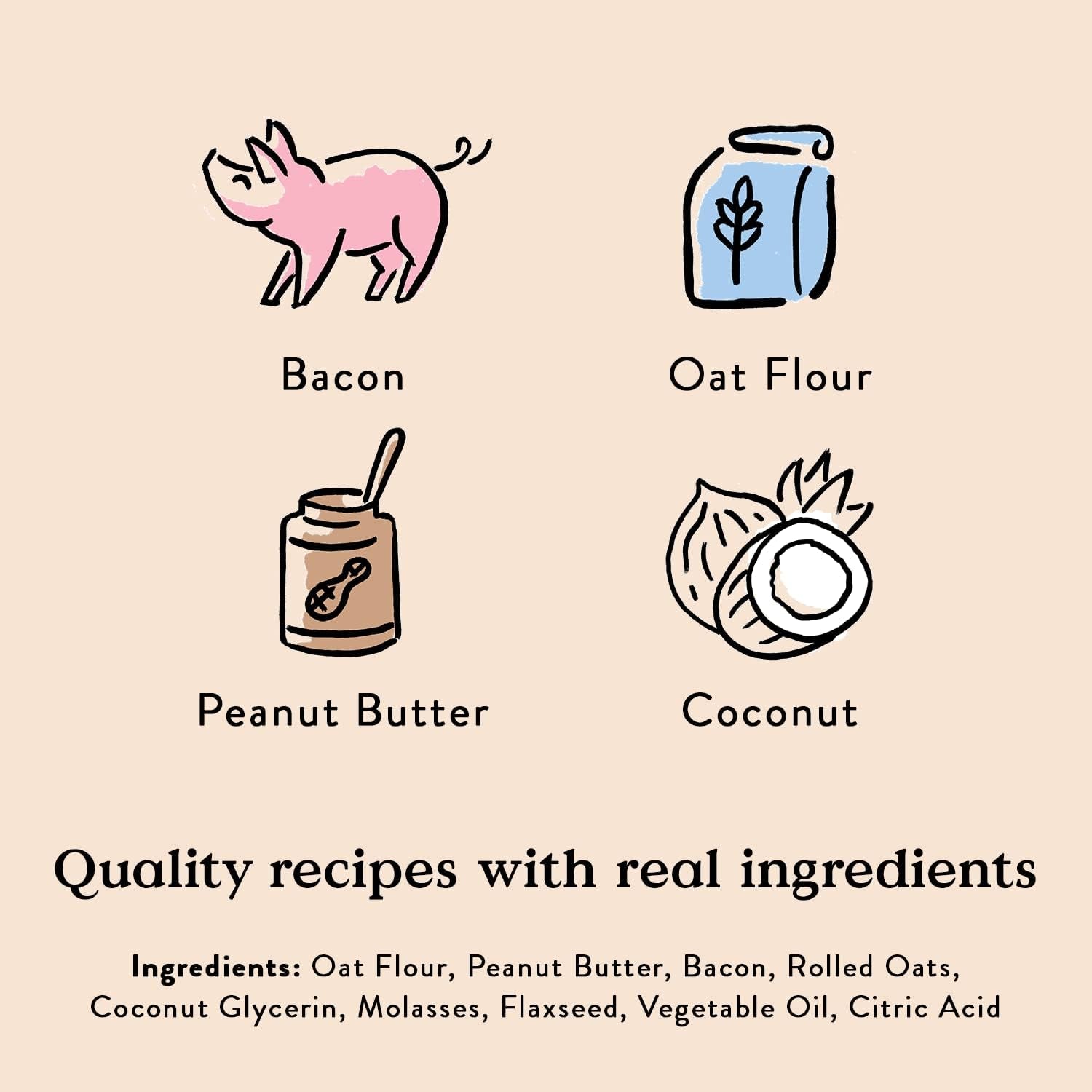 Bac'N Nutty Soft & Chewy Dog Treats, Wheat-Free PB & Bacon Flavored All Natural Limited Ingredient Oven Baked Cookies for Dogs, 6 Oz Bag