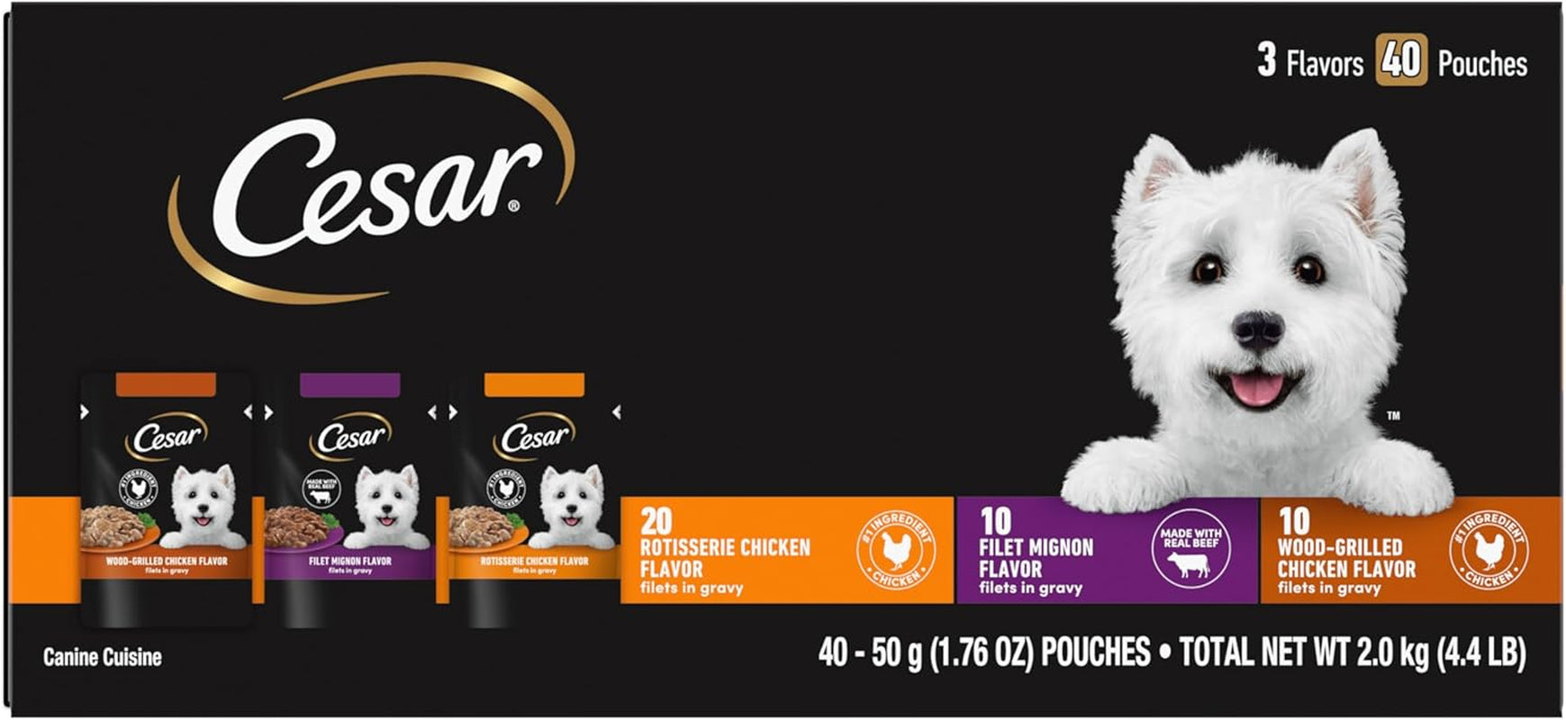 Filets in Gravy Wet Dog Food Filet Mignon Flavor, Rotisserie Chicken Flavor, and Wood-Grilled Chicken Flavor Variety Pack, 1.76 Oz. Mini-Pouches (40 Count, Pack of 1)