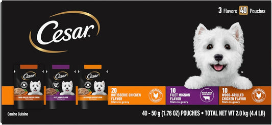 Filets in Gravy Wet Dog Food Filet Mignon Flavor, Rotisserie Chicken Flavor, and Wood-Grilled Chicken Flavor Variety Pack, 1.76 Oz. Mini-Pouches (40 Count, Pack of 1)