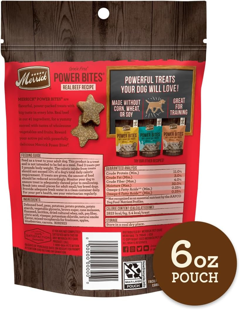 Power Bites Natural Soft and Chewy Real Meat Dog Treats, Grain Free Snack with Real Beef Recipe - 6 Oz. Bag