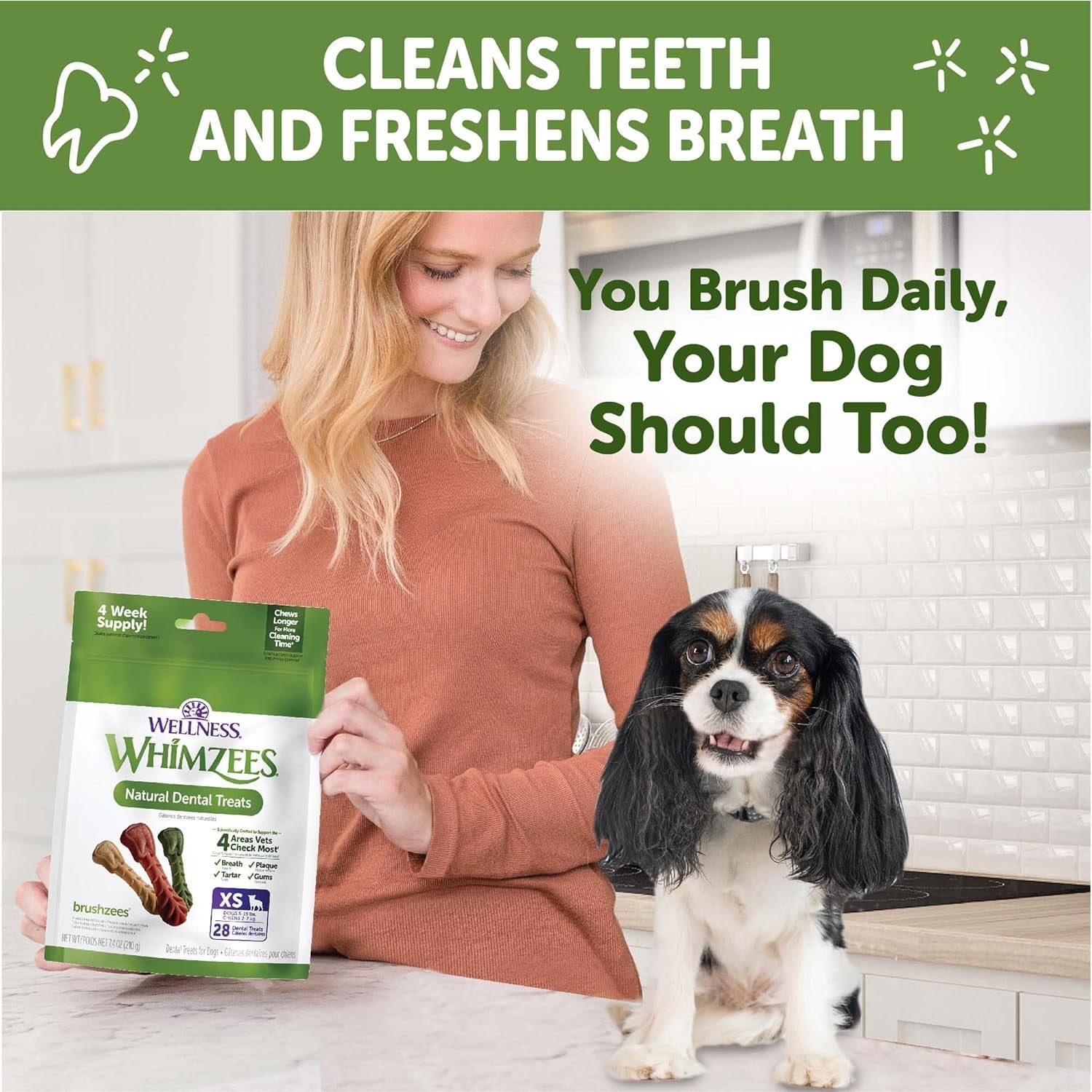 Wellness Daily Brushzees Dog Dental Treats, Natural Chews, Extra Small Size Stick, (28 Count)