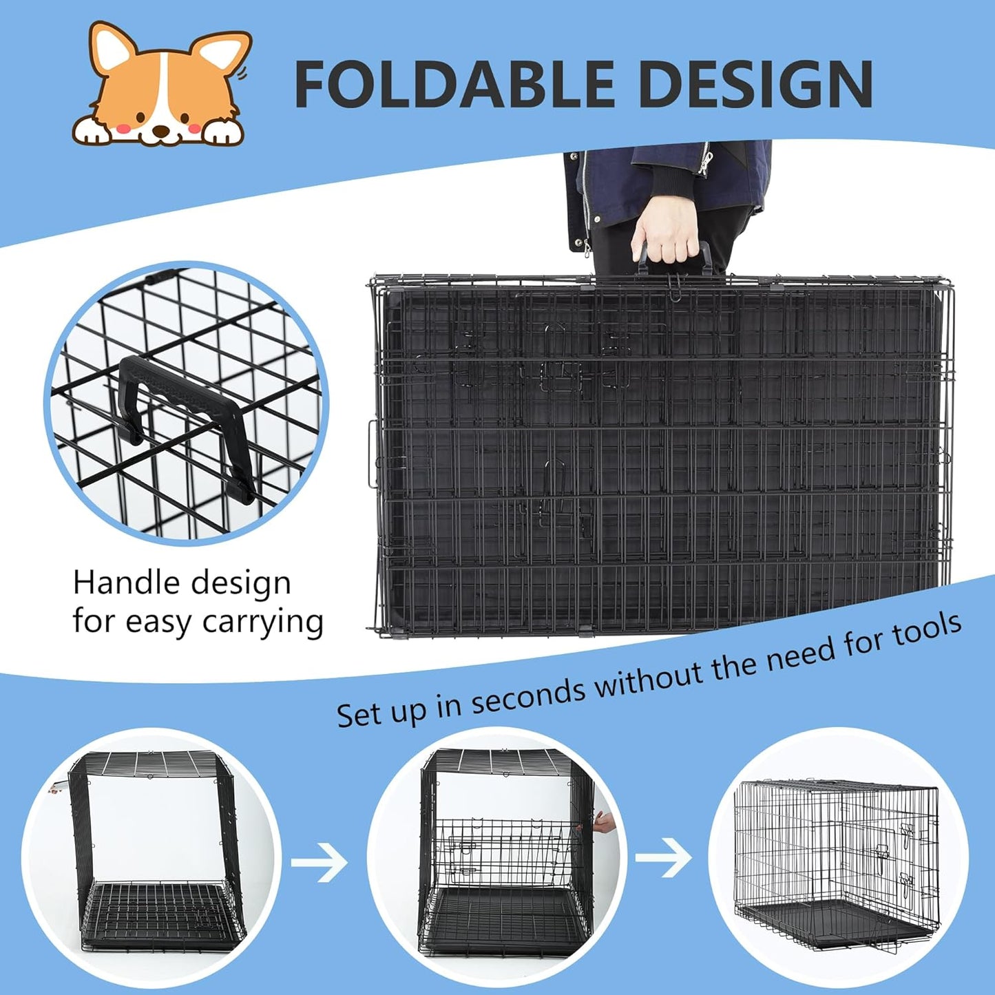30 Inch Dog Crate Dog Kennel Cage with Double Door Folding Metal Wire Dog Cage with Removable Tray&Divider Panel,Pet Crate for Medium Dogs,Black