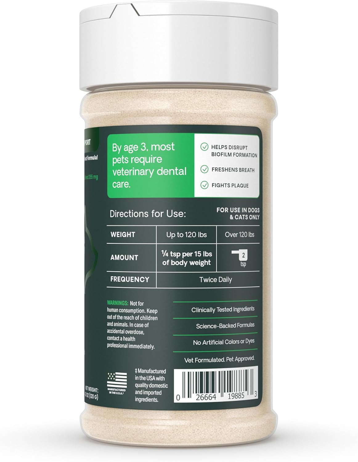 Dental Care Powder, Perio Support Clinically Tested Dental Supplement for Small, Medium and Large Breed Dogs, Freshen Breath, Control Plaque and Tartar, Oral Health, 4.2 Oz