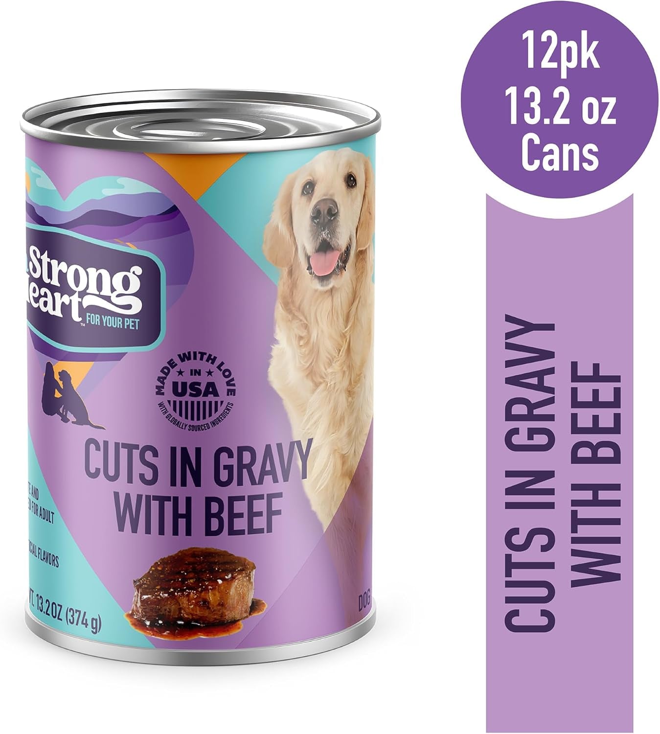 A Strong Heart Wet Dog Food, Cuts in Gravy with Beef - 13.2 Oz Cans (Pack of 12), Made in the USA with Real Beef