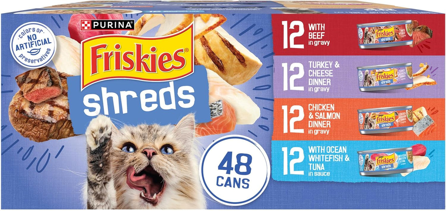 Purina  Wet Cat Food Variety Pack, Shreds with Beef, Turkey and Cheese Dinner, Chicken and Salmon Dinner, and with Ocean Whitefish and Tuna - 48 Ct. Can