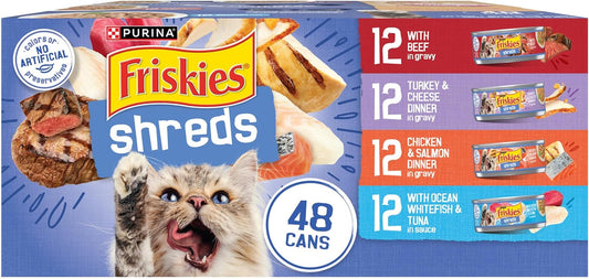 Purina  Wet Cat Food Variety Pack, Shreds with Beef, Turkey and Cheese Dinner, Chicken and Salmon Dinner, and with Ocean Whitefish and Tuna - 48 Ct. Can