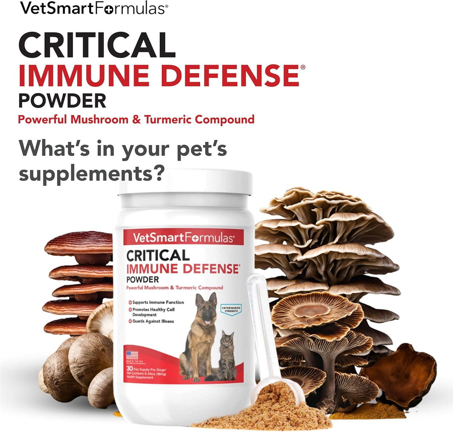Critical Immune Defense for Dogs & Cats; Supports Normal Cell Growth - Turkey Tail, Reishi, Shiitake and Maitake Mushroom Formula with Patented White Turmeric Root Extract - 30-Day Supply