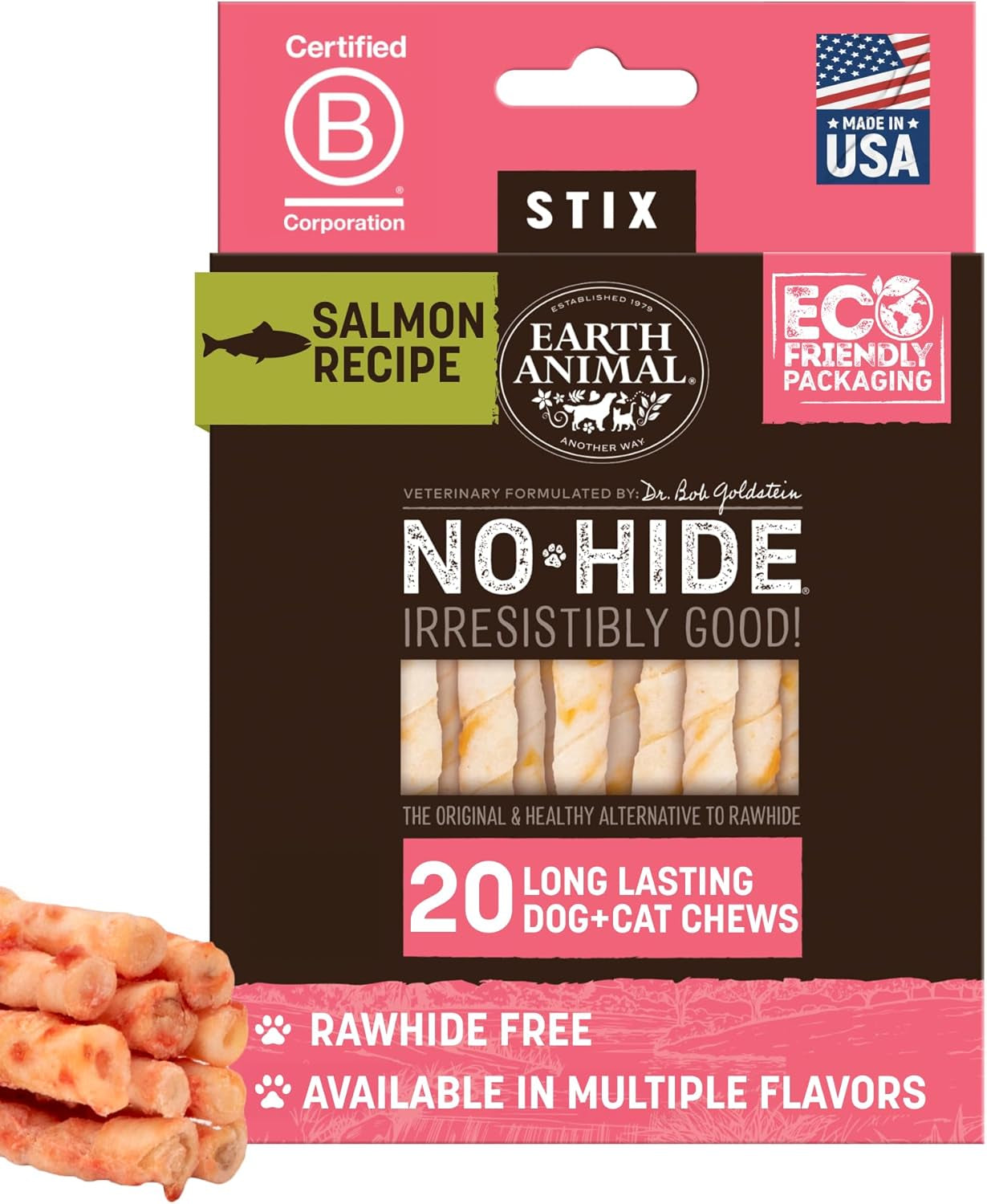No Hide Stix - Long Lasting Rawhide Free Small Dog Chews Sticks, Salmon - 20 Count Value Pack
