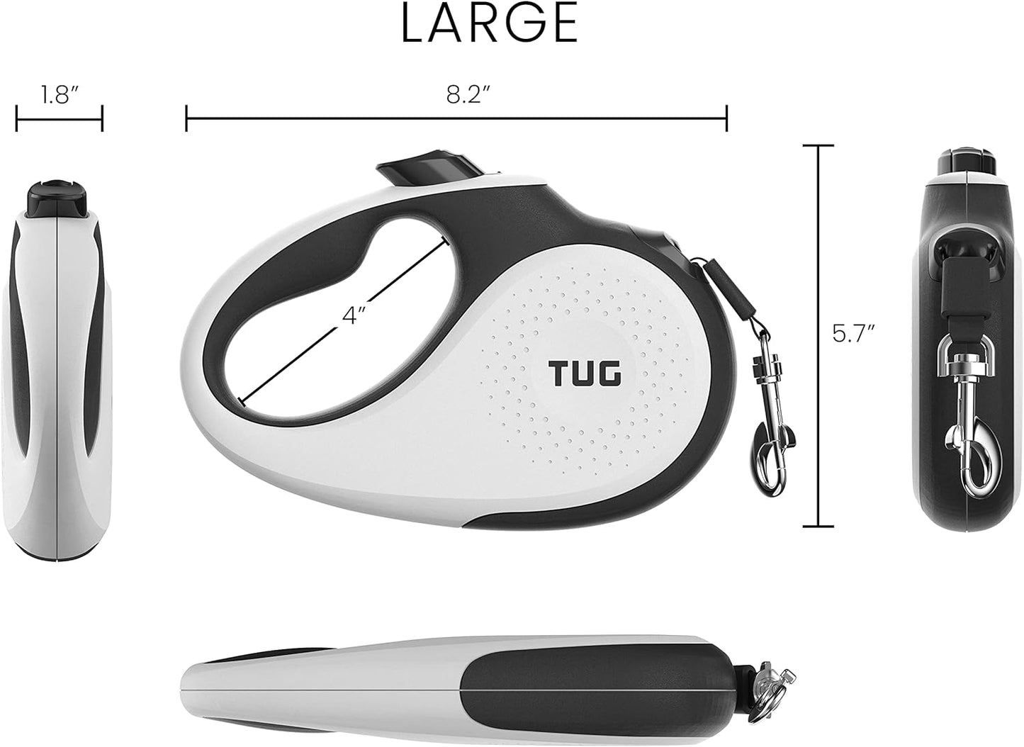 360° Tangle-Free Retractable Dog Leash | 16 Ft Strong Nylon Tape | One-Handed Brake, Pause, Lock (Large, White)