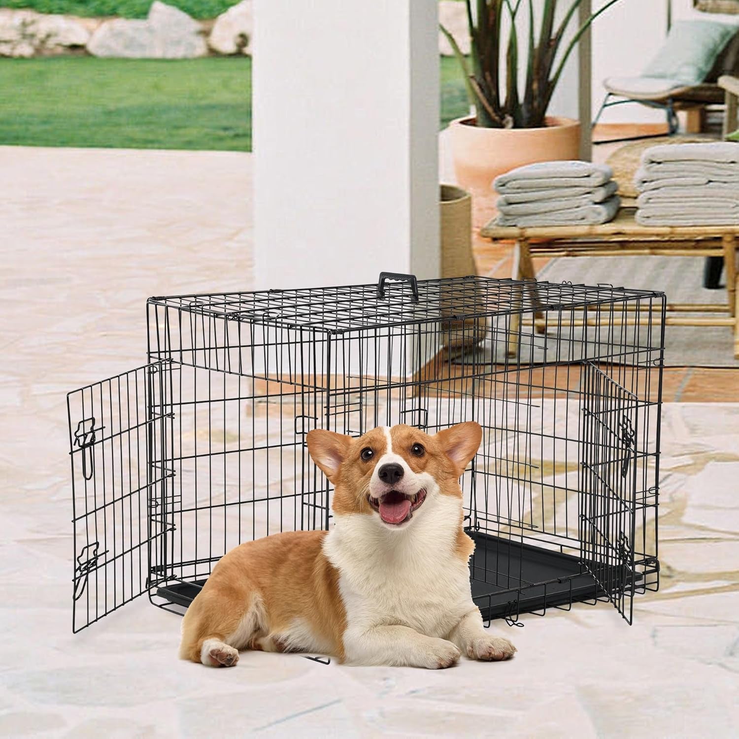 30 Inch Dog Crate Dog Kennel Cage with Double Door Folding Metal Wire Dog Cage with Removable Tray&Divider Panel,Pet Crate for Medium Dogs,Black