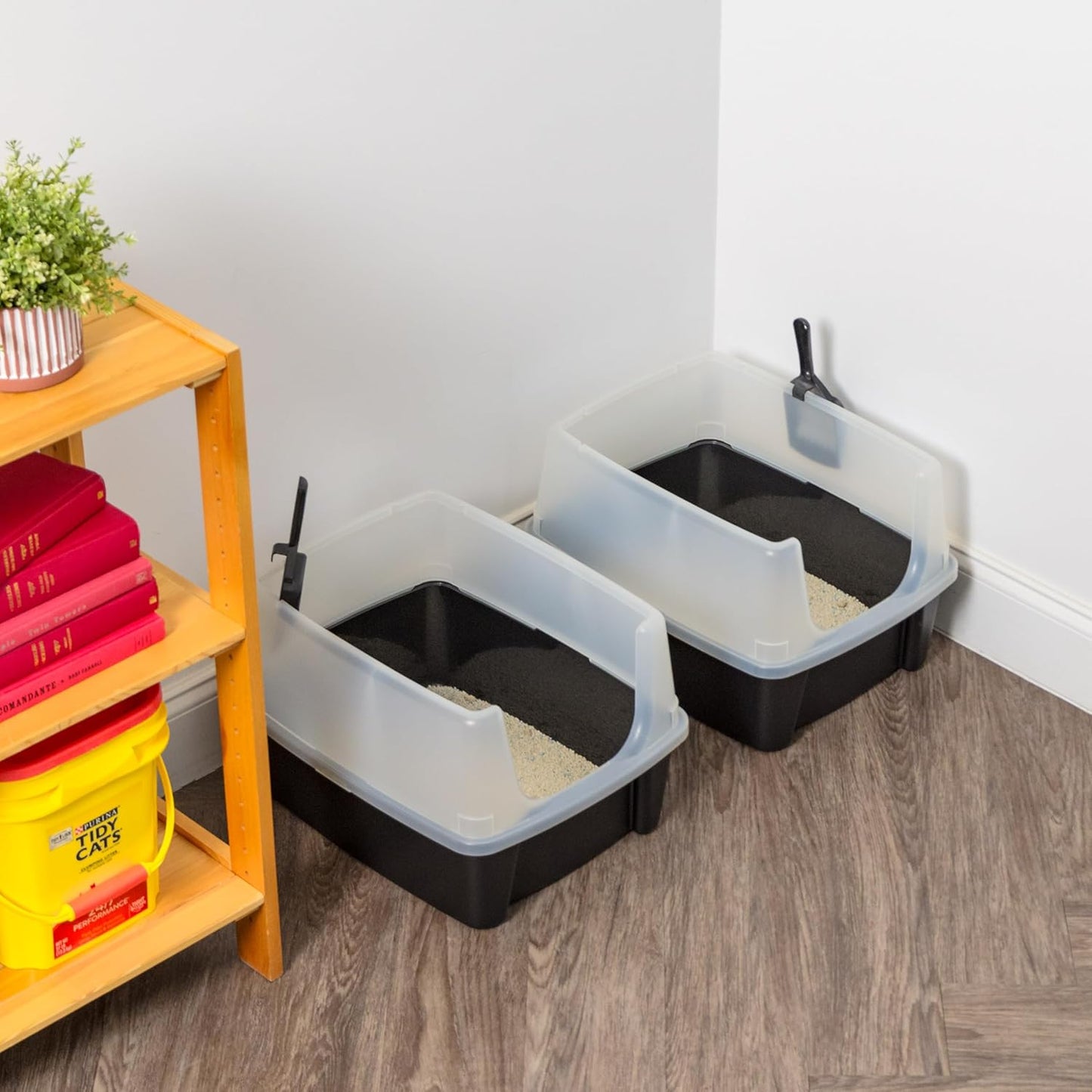 USA 2 Pack Large Cat Litter Boxes with Scatter Shield and Scoop, Open Top High Sided Cat Litter Pan, Black