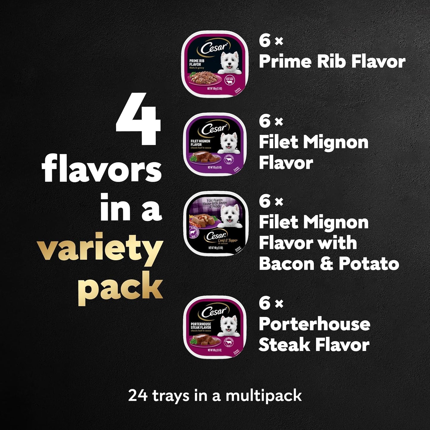 Wet Dog Food Steak Lovers Variety Pack with Real Meat, 3.5 Oz. Trays (24 Count, Pack of 1)