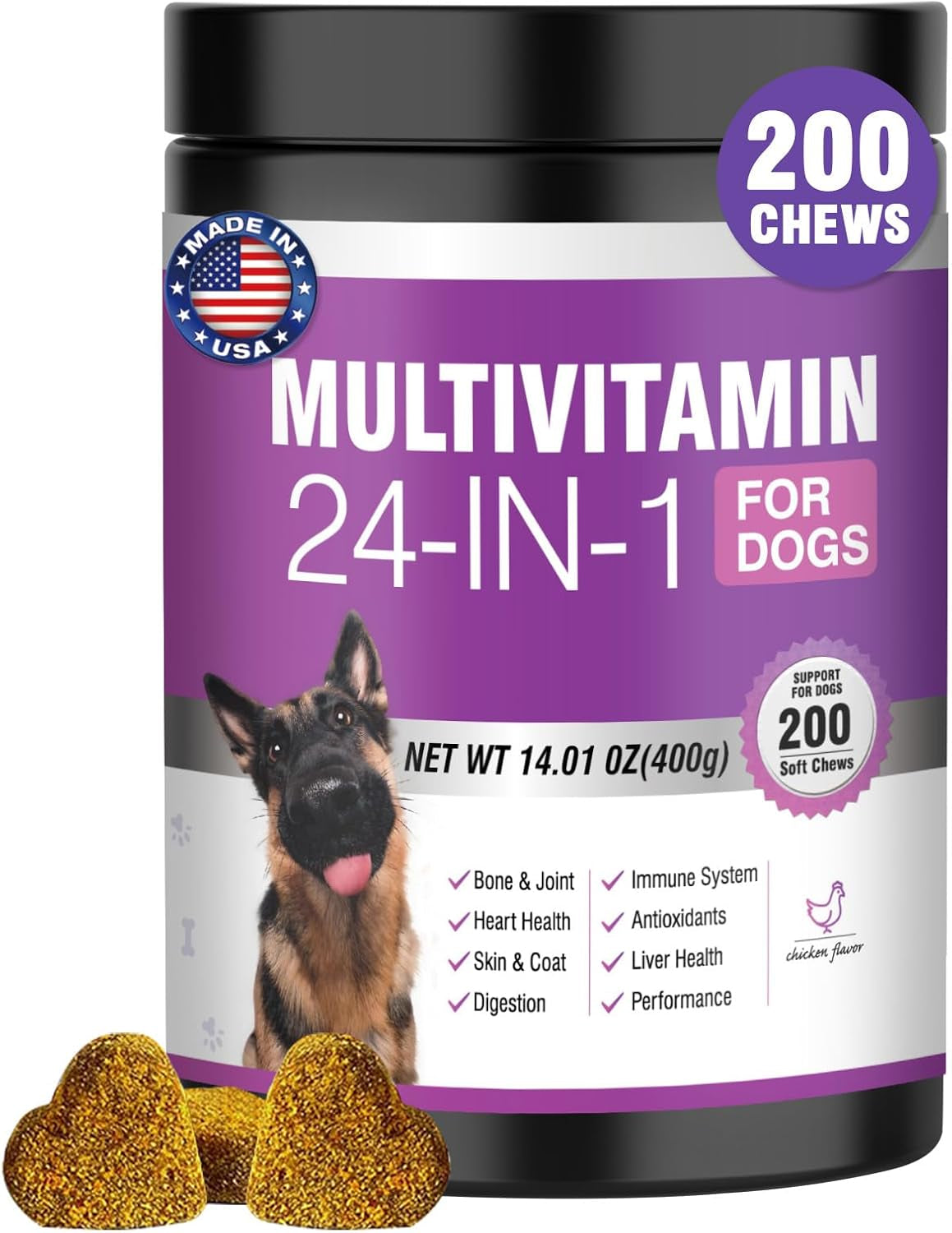 24-In-1 Dog Vitamins and Supplements 200 Ct Dogs Multivitamin Chewable Contain Chondroitin Probiotics Omega-3 Glucosamine for Dogs Skin Coat Heart Joint Gut Liver Brain Eyes Immune Support - Chicken
