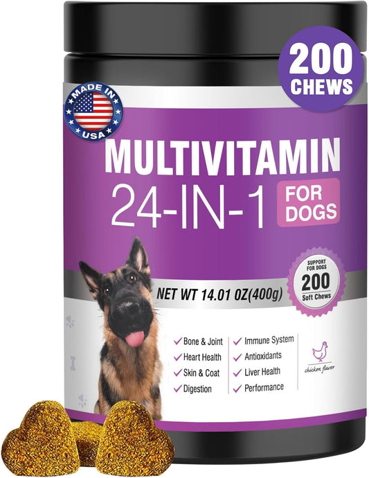 24-In-1 Dog Vitamins and Supplements 200 Ct Dogs Multivitamin Chewable Contain Chondroitin Probiotics Omega-3 Glucosamine for Dogs Skin Coat Heart Joint Gut Liver Brain Eyes Immune Support - Chicken