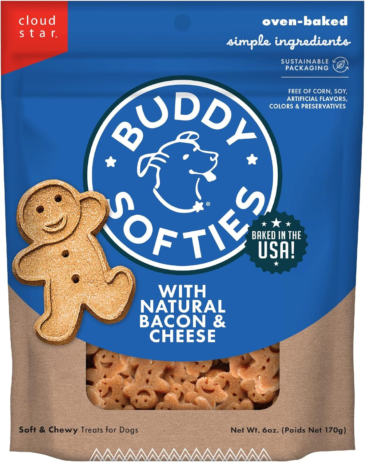 Buddy Biscuit Softies 6 Oz Pouch, Soft & Chewy, Natural Bacon and Cheese Flavor Dog Treats, Oven Baked in the USA