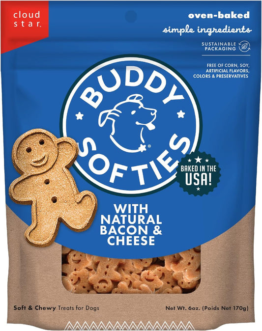 Buddy Biscuit Softies 6 Oz Pouch, Soft & Chewy, Natural Bacon and Cheese Flavor Dog Treats, Oven Baked in the USA