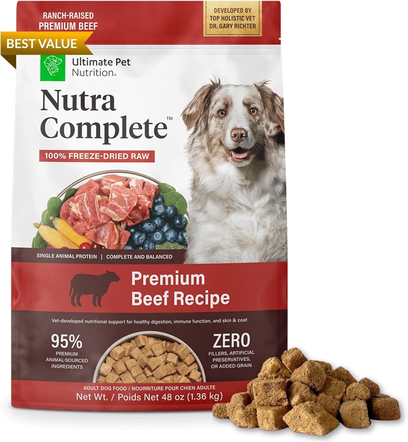 Nutra Complete Freeze Dried Raw Dog Food, Veterinarian Formulated with Antioxidants, Prebiotics & Amino Acids (3 Pound, Beef)