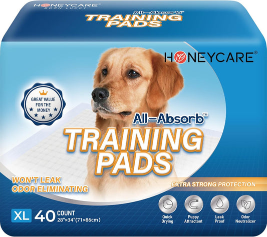 All-Absorb, X-Large 28" X 34", 40 Count, Dog and Puppy Training Pads, Ultra Absorbent and Odor Eliminating, Leak-Proof 5-Layer Potty Training Pads with Quick-Dry Surface, Blue